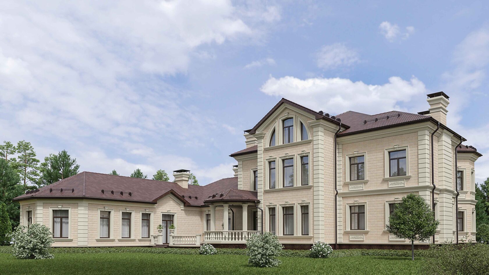 Загородная резиденция на Новой Риге: масштаб, статус и фактура травертина